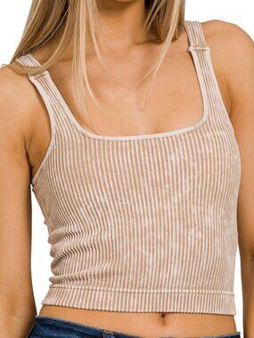 Washed Seamless Square Neck Bra Padded Tank Top in Ash Mocha